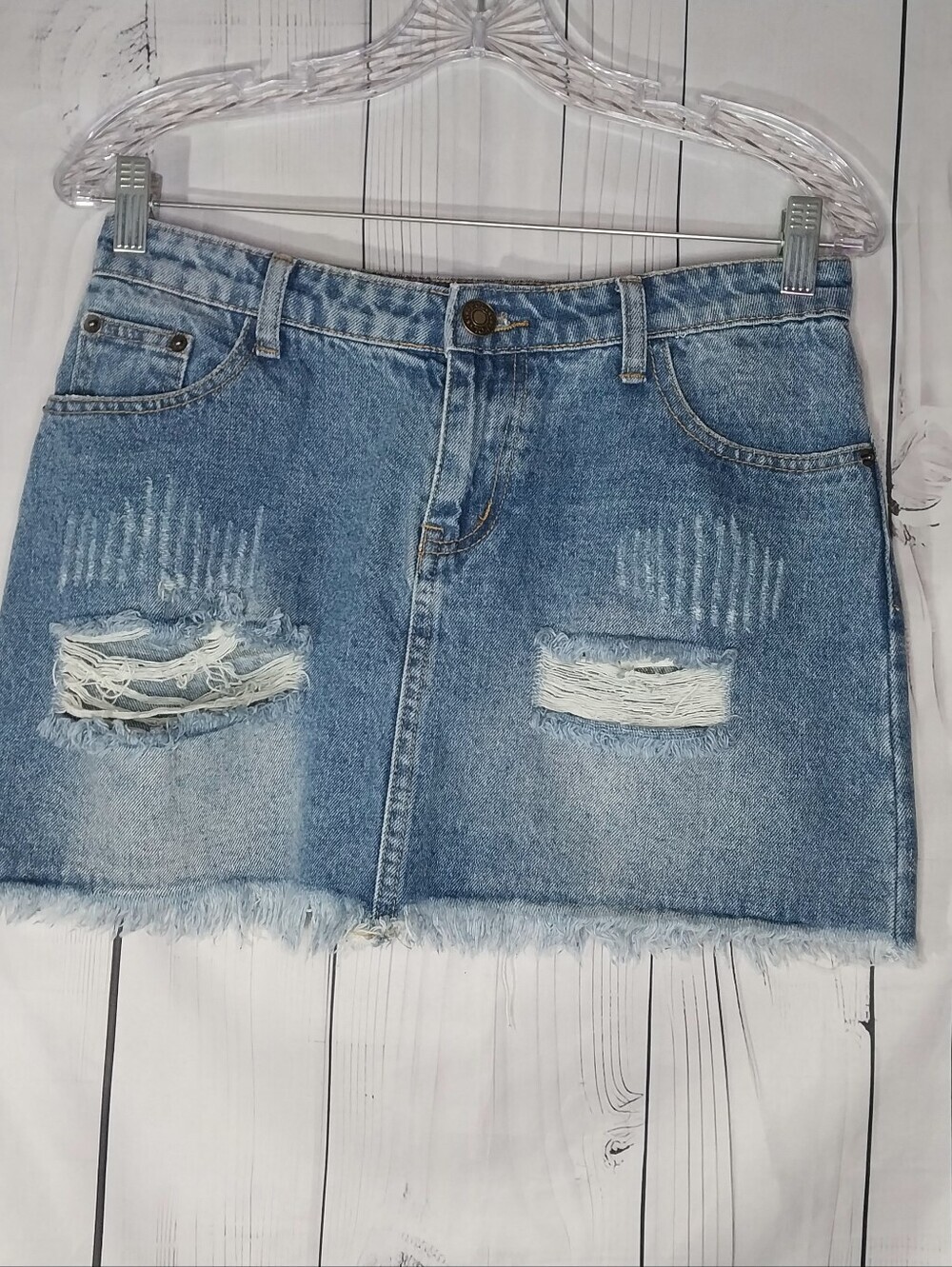 POL Distressed Light Blue Y2K Edgy Denim Mini Skirt With Taw Hem